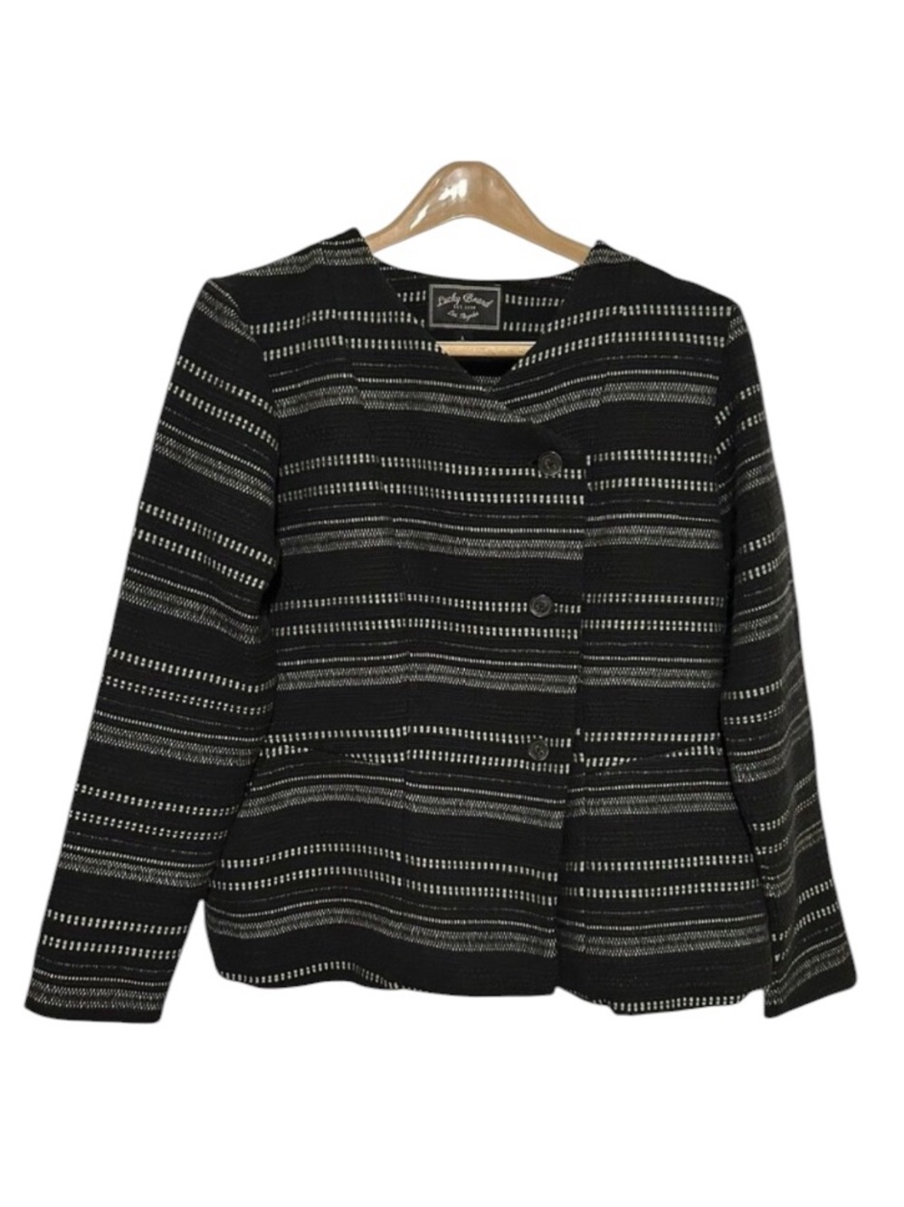 Lucky Brand Womens Blazer Jacket Asymmetrical Woven LARGE Black White Western
